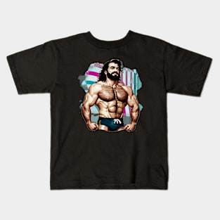 Bearded Hairy Muscle Hunk Cartoon Kids T-Shirt